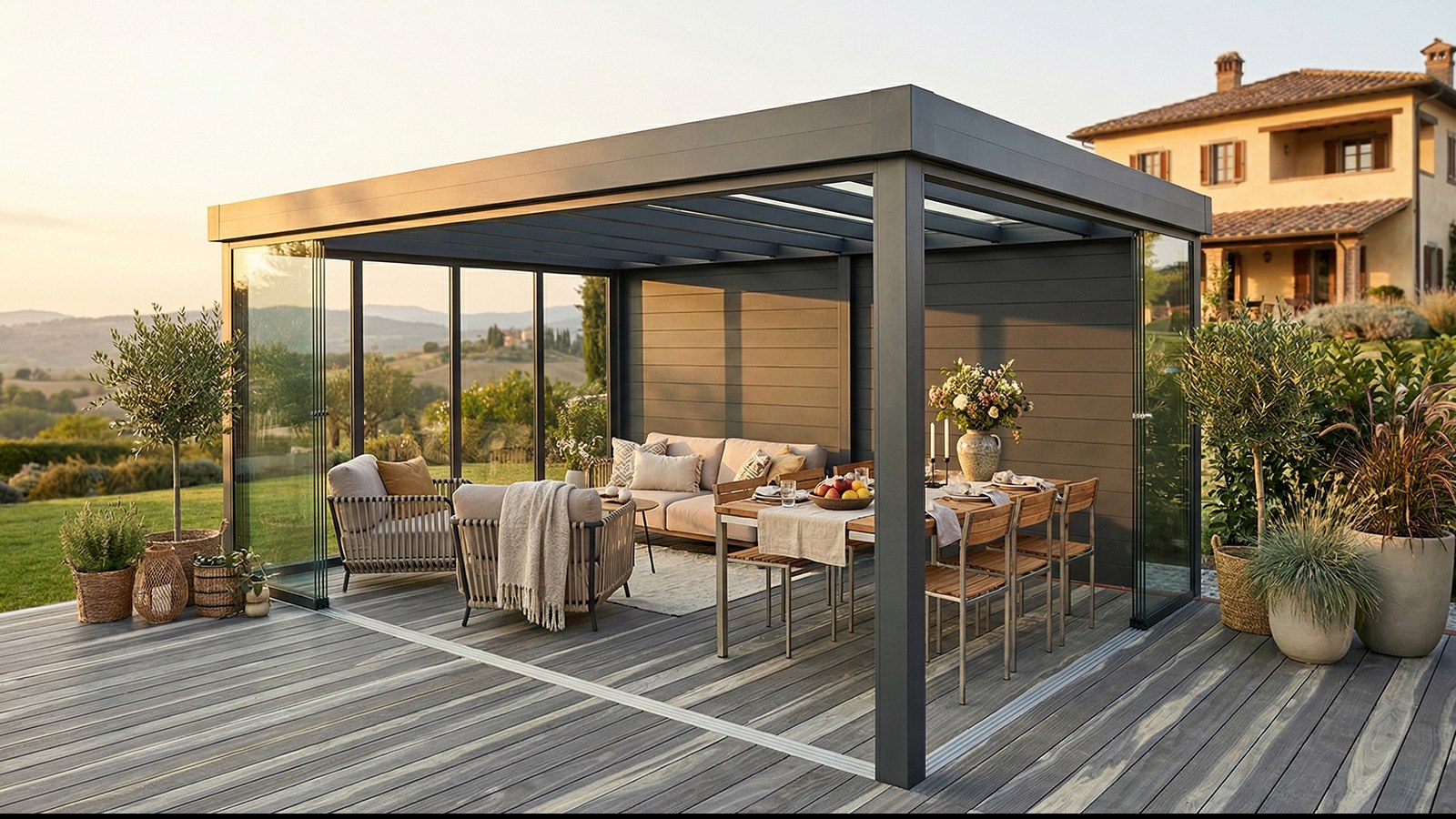 Freistehende Terrassenüberdachung mit Glasschiebewänden