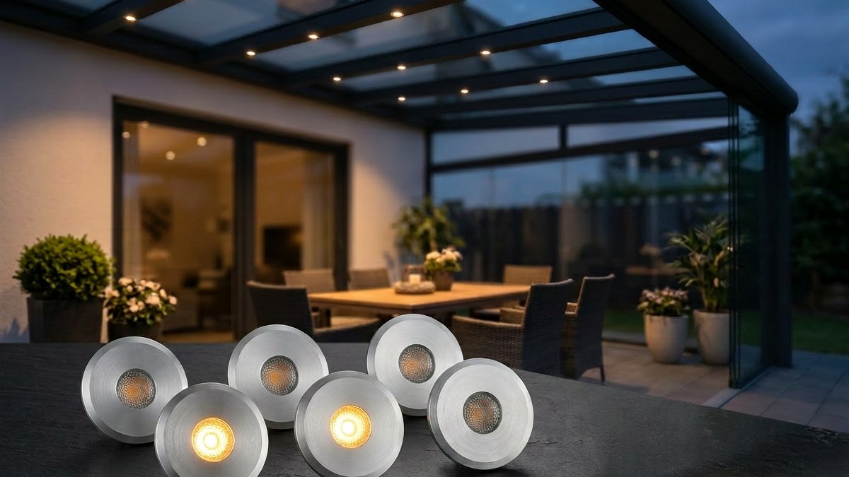 LED-Spots in den Sparren einer Terrassenüberdachung am Abend