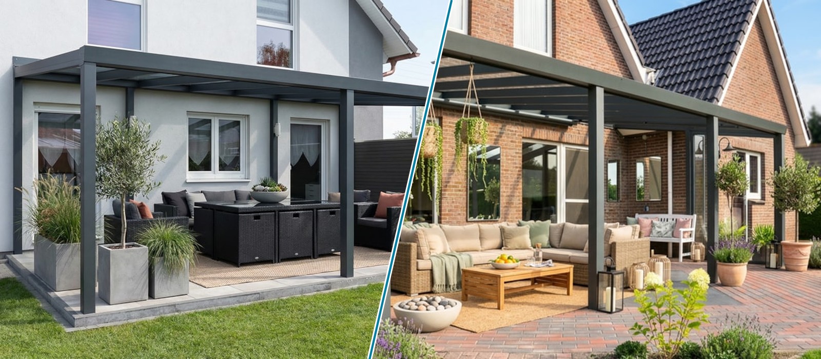 Freistehende Terrassenüberdachung auf vier Pfosten (links) und Terrassenüberdachung mit Wandanschluss (rechts)